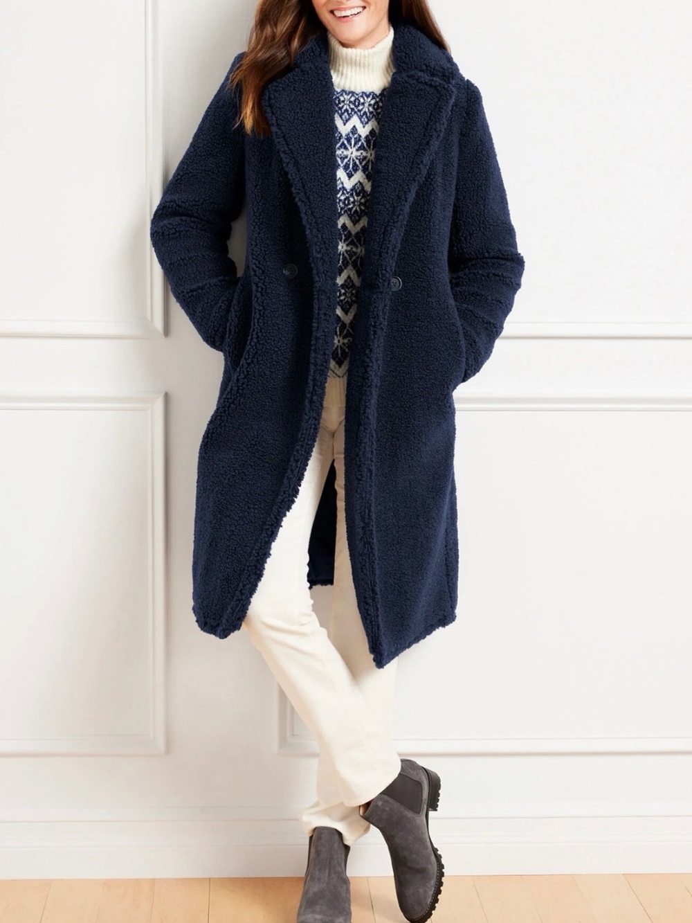 Talbots Women’s Large Navy Sherpa Teddy Coat Long Double-Breasted Plush